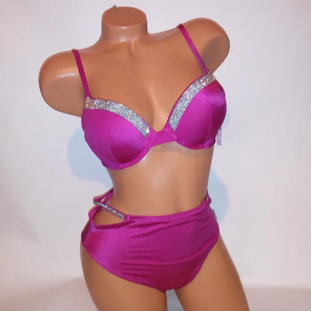 Victoria Secret Swim Bikini 34DD Top Small Bottom Push Up Pink Shine Trim Bling